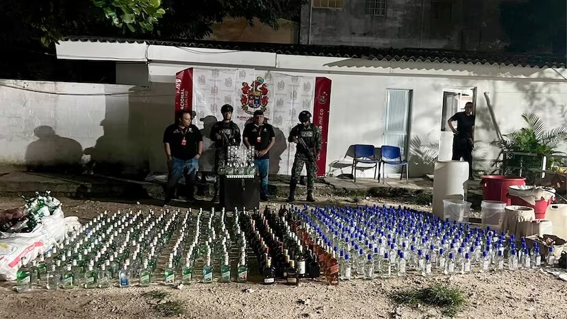 Ejército de Colombia mostrando botellas de licor adulterado